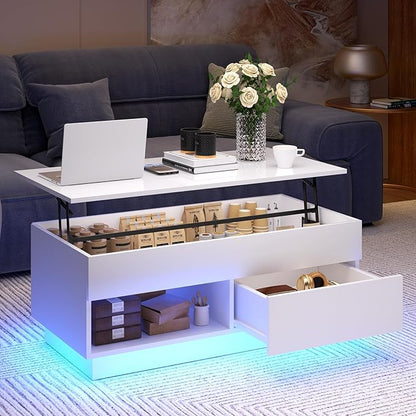HOMMPA 40“ Lift Top Coffee Table with Storage LED Coffee Table Morden High Gloss Living Room 3 Tiers Modern Tea Table with Storage Center Tables Hidden Compartment & Open Shelve & Drawer White
