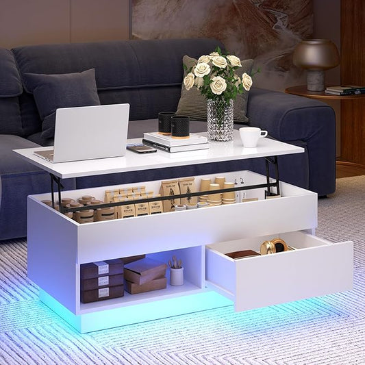 HOMMPA 40“ Lift Top Coffee Table with Storage LED Coffee Table Morden High Gloss Living Room 3 Tiers Modern Tea Table with Storage Center Tables Hidden Compartment & Open Shelve & Drawer White