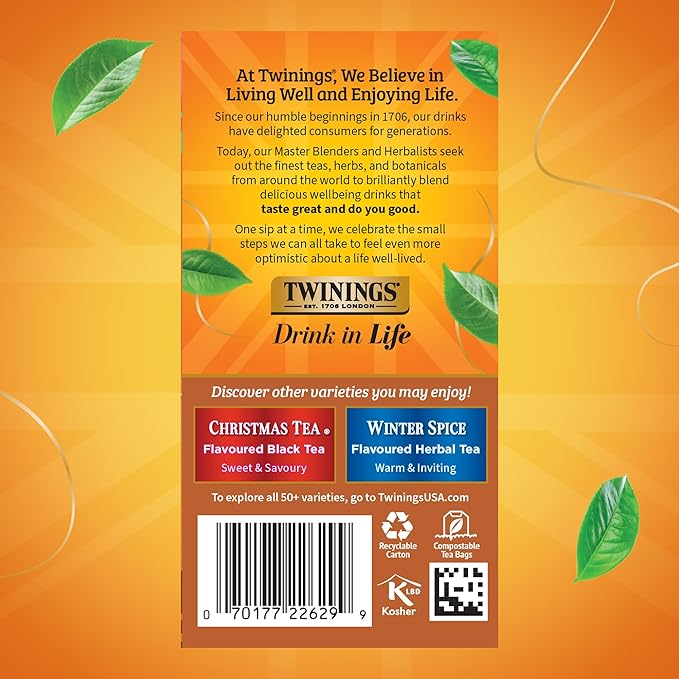 Twinings Gingerbread Joy Black Tea Individually Wrapped Bags, 20 Count (Pack of 1), Ginger & Cinnamon, Caffeinated, Enjoy Hot or Iced, 20 Teabags