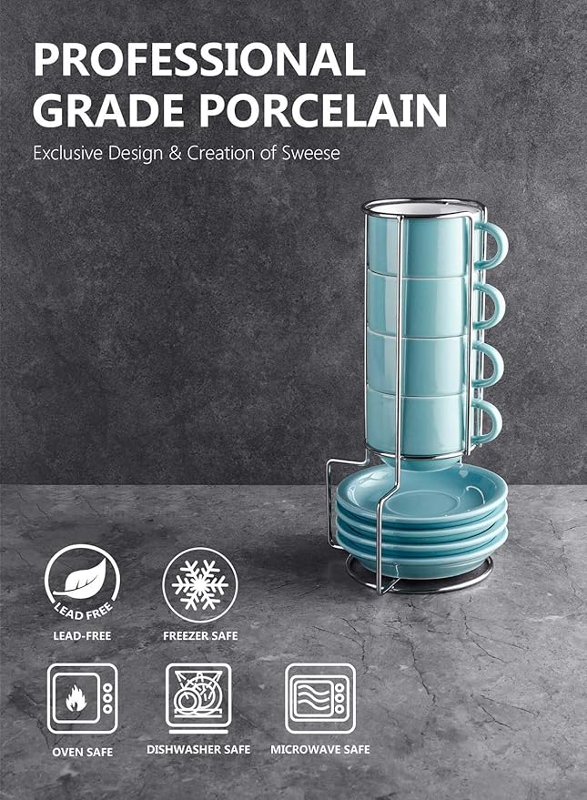 Sweese 2.5 Ounce Porcelain Stackable Espresso Cups with Saucers and Metal Stand Set of 4, Turquoise
