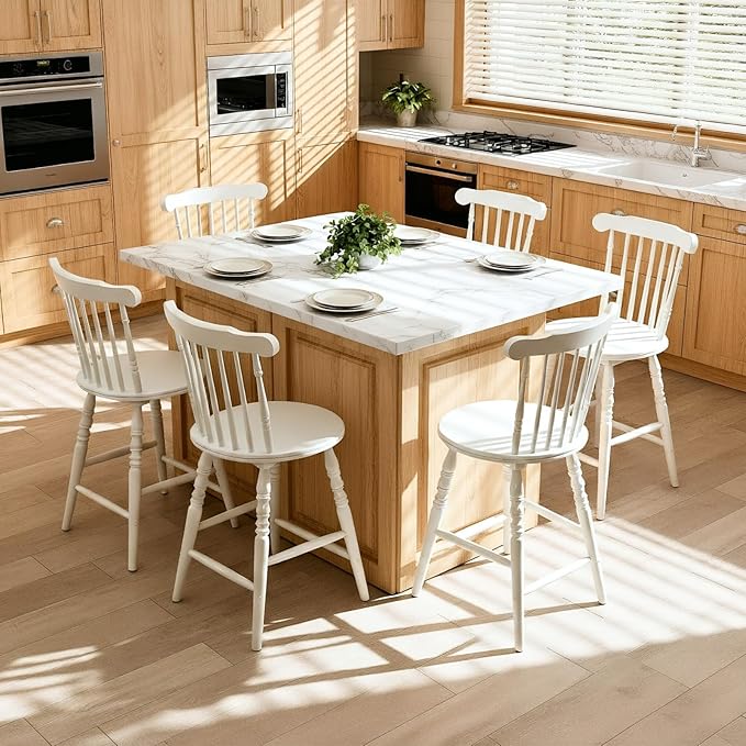 chairus 24" White Windsor Counter Height Bar Stools Set of 2, Farmhouse Wooden Counter Stools with Spindle Back & Turned Legs, Rustic Vintage Colonial Bar Chairs for Kitchen Island