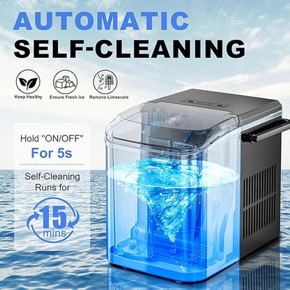 SMUG Ice Makers Countertop with Handle, Portable Ice Machine, 9 Bullet Cubes in 6 Mins, 26lbs in 24Hrs, Auto-Cleaning, with Basket and Scoop, for Home, Kitchen, RV, Camping, Elegant Black with Handle