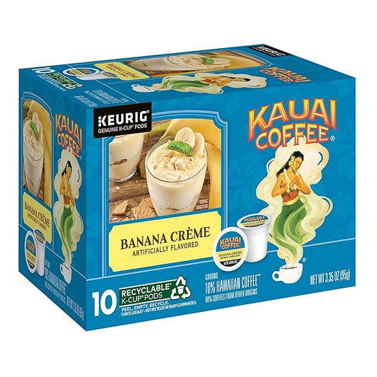 Kauai Coffee K-Cup Pods for Keurig Brewers – Arabica Coffee, 10% Hawaiian – Medium Roast, Banana Flavor with Creamy Vanilla – Banana Crème, 1 Pack of 10 Single Serve K-Cups