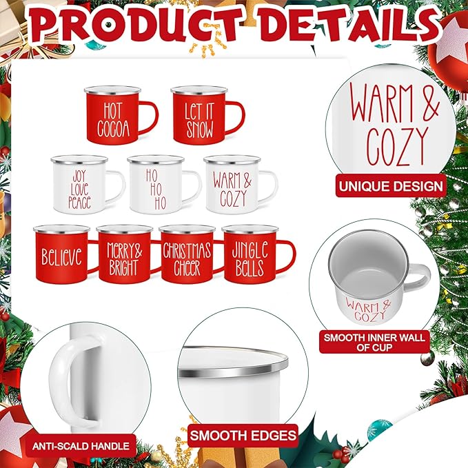 Sieral 18 Pcs Christmas Enamel Coffee Mugs 12 oz Winter Holiday Mugs with Quotes Seasonal White and Red Christmas Party Favor Cups Funny Novelty Xmas Coffee Cups for Women Men Coworkers Office