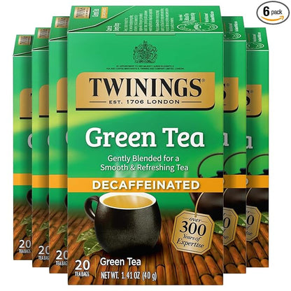 Twinings Decaffeinated Green Tea Individually Wrapped Bags, 20 Count (Pack of 6), Smooth Flavour, Enticing Aroma, Enjoy Hot or Iced, 120 Teabags