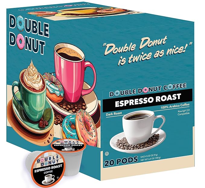 Double Donut Coffee Espresso Roast Blend in Recyclable Single Serve Espresso Pods for the Keurig K Cup Machine, 20 Count
