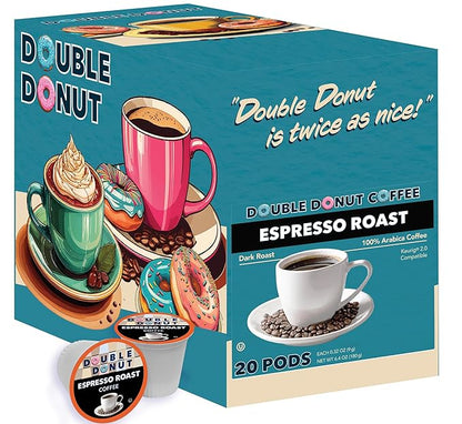 Double Donut Coffee Espresso Roast Blend in Recyclable Single Serve Espresso Pods for the Keurig K Cup Machine, 20 Count