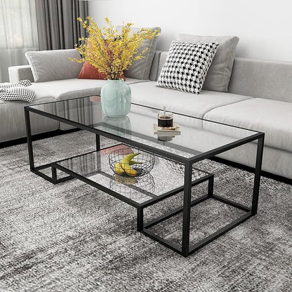 Metal Glass Coffee Table, Black Accent Modern Tempered Glass Side Table, Additional Storage Shelf, for Living Room Home Classy Furniture Office Decor