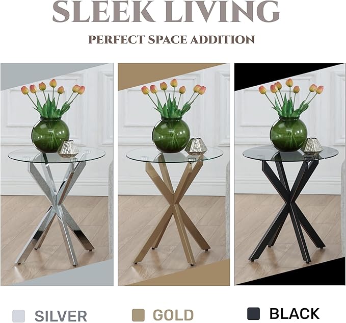 Modern Glass End Table, Small Round Side Table for Couch, Sofa Table with Grey Tempered Glass Top for Living Room, Bedroom, Bedside, 19.7" Wx21.7 H Black