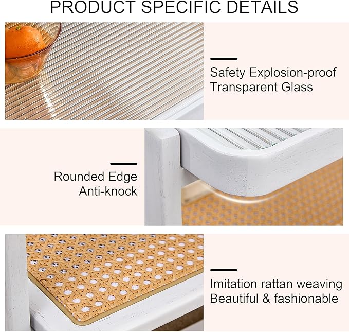 Mid Century Modern Coffee Table with Ribbed Glass Top and PE Rattan Storage Shelf, 45 Inch Rectangular Solid Wood Boho Coffe Table, Unique Center Table for Livinig Room Apartment Small Space