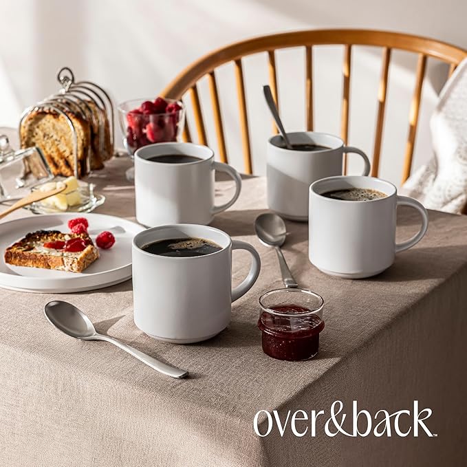 over&back Coffee Mugs Set of 4 – 14oz Ceramic Coffee Mug for Tea, Latte & More – Stackable Stoneware Coffee Cups with Semi-Matte White Finish – Durable & Stylish Drinkware