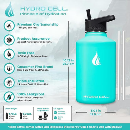 HYDRO CELL Stainless Steel Insulated Water Bottle with Straw - For Cold & Hot Drinks - Metal Vacuum Flask with Screw Cap and Modern Leakproof Sport Thermos for Adults (Teal 64oz)