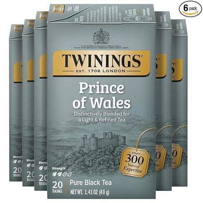 Twinings Prince of Wales Black Tea Individually Wrapped Bags, 20 Count (Pack of 6), Velvety Smooth & Mild, Caffeinated, Enjoy Hot or Iced, 120 Teabags