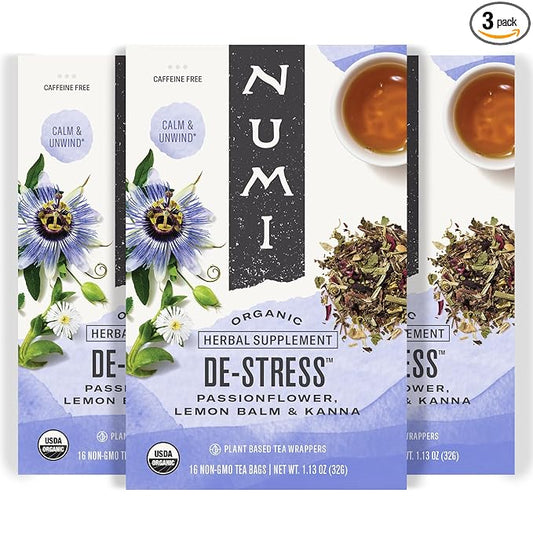 Numi Organic De-Stress Tea, 16 Tea Bags (Pack of 3), Passionflower, Lemon Balm, and Kanna, Caffeine Free