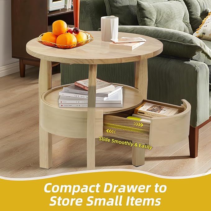 Round Coffee Table with Hidden Drawer - 20" D x 20" H Real Oak Wood Round Side Table with Storage, 2-Tier Round End Table for Sofa, Small Circle Coffee Table with Drawer for Living Room, Beige