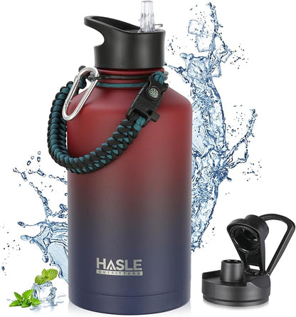 HASLE OUTFITTERS Half Gallon Insulated Water Bottles 64 oz, Stainless Steel Metal Water Jug with 2 Lids Keep Cold 48h/Hot 24h, Leak Proof & BPA-Free Water Flask Jug(Ruby Purple Gradient,1)