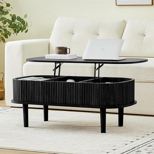 Fluted Lift Top Coffee Table with Hidden Compartment, Fully Assembled Wooden Center Table, Modern Oval Lift Tabletop for Home Living Room Office, Black