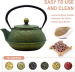 Load image into Gallery viewer, 900ml Cast Iron Tea Kettle,SECHUDO Teapot Coated with Enameled Interior for Loose Leaf, Small Cast Iron Teapot with Strainer for Stovetop Safe, Green Iron Kettle(30.4oz)