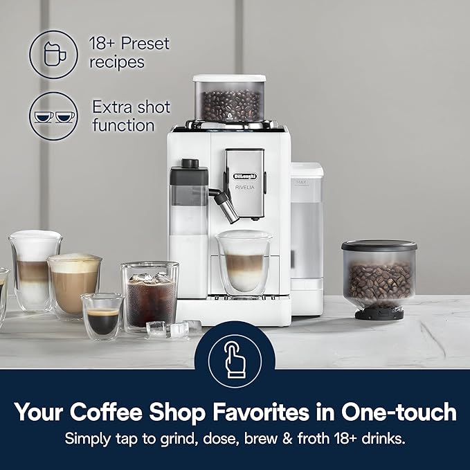 De'Longhi Rivelia Automatic Espresso Machine with Grinder & Milk Frother – All-in-One Coffee Maker, Hot & Iced Latte, Cappuccino, Bean Switch System, Burr Grinder, Compact Italian Design, White