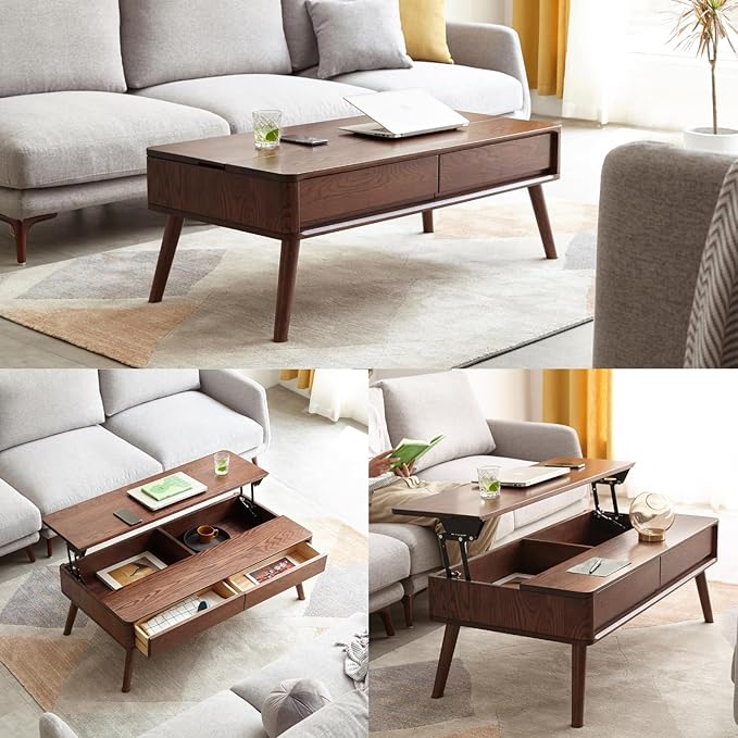 100% Solid Oak Lift Top Coffee Table, Wood Coffee Table with Hidden Compartment and Drawers - Coffee Tables for Living Room (Walnut Color, 47.2 inch)