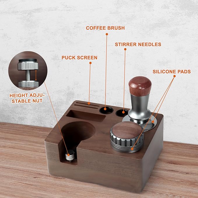 54mm Espresso Tamping Station Walnut Coffee Tamper Station Portafilter Holder,Tamper, and Distributor, Non-Slip Station for Home, Office, Restaurant