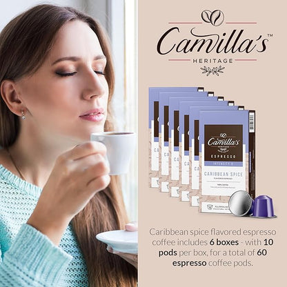 Camilla’s Heritage - Intensity 8 Caribbean Spice Flavored Espresso Coffee, Gourmet Espresso Cups, 60 Coffee Pods