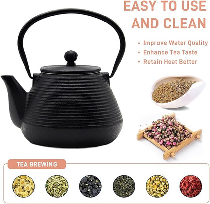 20.3oz Small Cast Iron Teapot, SECHUDO Cast Iron Tea Kettle for Stovetop Safe Coated with Enameled Interior, Cast Iron Tea Pot with Stainless Steel Infuser for Loose Tea (Black Pinstripe Pattern)