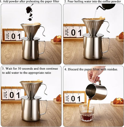 Pour Over Coffee Maker, 304 Stainless Steel wIth 100 pcs Size 02 Cone Paper Filters & 600ml Milk Frothing Pitcher, for Home & Camping
