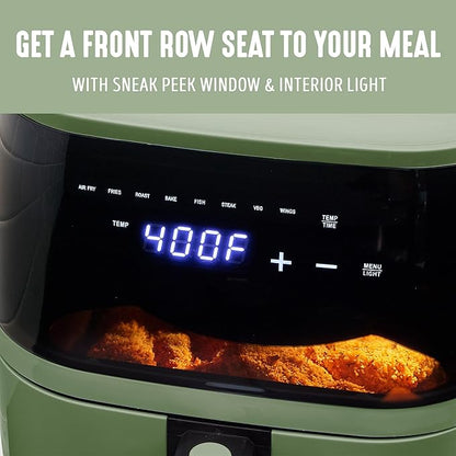 GreenLife Compact Electric Air Fryer Oven, 5.3 QT, PFAS-Free Ceramic Nonstick Drawer, 8 One Touch Digital Display, Easy View Window, Auto Shut-Off Timer, Dishwasher Safe Parts, 1500 Watts, Sage
