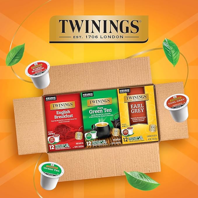 Twinings 36 K-Cup Pods Variety Pack, Includes English Breakfast, Earl Grey, and Green for Keurig and Single Cup Brewers, 12 Count (Pack of 3), Caffeinated, Enjoy Hot or Iced