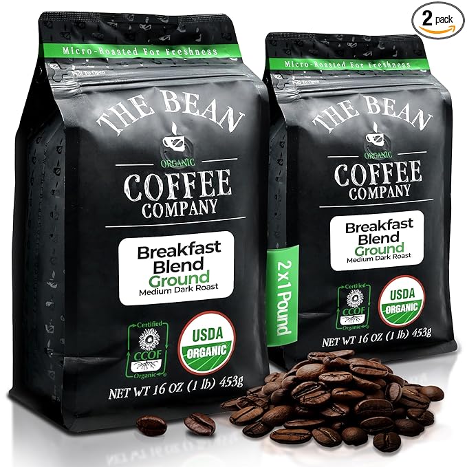 The Bean Organic Coffee Company Breakfast Blend, Medium Dark Roast, Whole Bean Coffee, 16-Ounce Bags (Pack of 2)