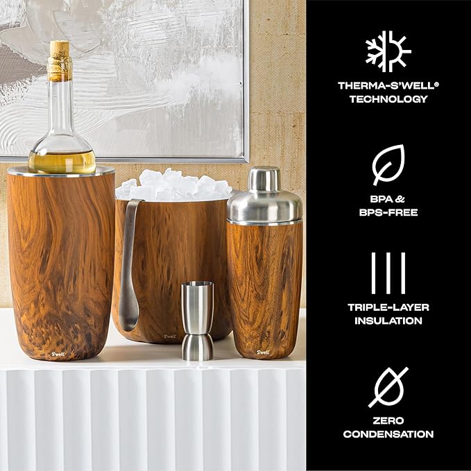S’well Stainless Steel Ice Bucket with Tongs, 68oz Capacity, Teakwood Finish, Triple-Layer Vacuum Insulated to Keep Ice Colder Longer, BPA-Free Barware