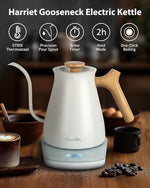 Load image into Gallery viewer, Harriet Gooseneck Electric Kettle - 1200W Fast Heat, 0.8L Stainless Steel, Precision Temp Control &amp; Timer, Wood Handle, Pour Over Coffee and Tea, White