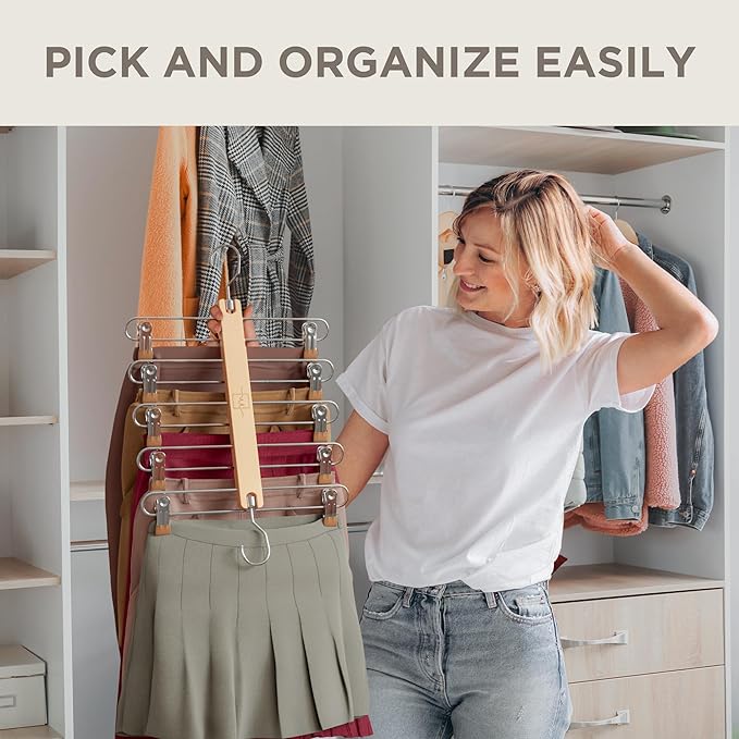MORALVE Skirt Hangers Space Saving with Clips - 2 Pack - European Beechwood 5-Tier Hanger for Shorts, Skirts, and Pants - Closet Organizer and Storage Solution for Women with 360° Swivel Hook