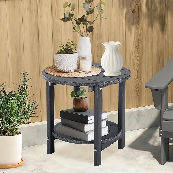 LZRS Round Adirondack Side Table Double End Table, Outdoor Side Tables for Patio, Backyard,Pool, Indoor Companion, Easy Maintenance & Weather Resistant(Grey)