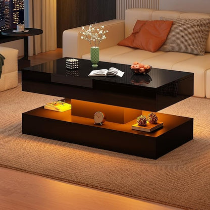 Uspeedy 39.37in Large High Glossy LED Coffee Table with 2 Storage Drawers,Black/White Modern Coffee Tables for Living Room,Living Room Tables,APP LED Lights (Black)