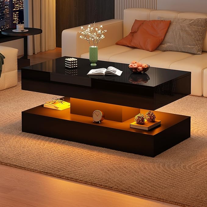 Uspeedy 39.37in Large High Glossy LED Coffee Table with 2 Storage Drawers,Black/White Modern Coffee Tables for Living Room,Living Room Tables,APP LED Lights (Black)