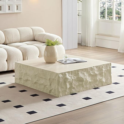 Faux Rock Coffee Table,Drum Coffee Table Fiberglass Square Tea Table for Living Room, Accent Imitation Stone Central Table No Need Assembly, Beige White