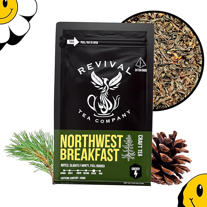 Revival Tea Company Northwest Breakfast Tea - Black Tea Blend with Western Cedar Tips, Assam, Ceylon, and Chinese Black Tea - 24 Tea Bags