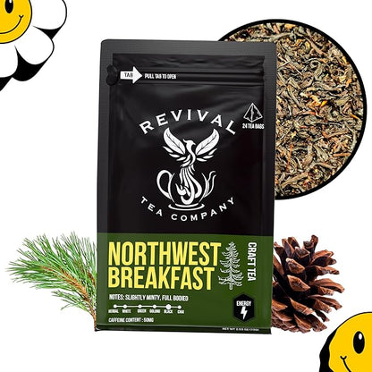 Revival Tea Company Northwest Breakfast Tea - Black Tea Blend with Western Cedar Tips, Assam, Ceylon, and Chinese Black Tea - 24 Tea Bags
