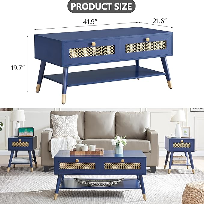 JYED Mid Century Wood Modern Coffee Table with Metal Mesh Decorated Storage Drawers,Blue Accent Center Table with Open Shelf,Rectangular Table for Living Room