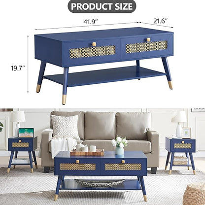 JYED Mid Century Wood Modern Coffee Table with Metal Mesh Decorated Storage Drawers,Blue Accent Center Table with Open Shelf,Rectangular Table for Living Room