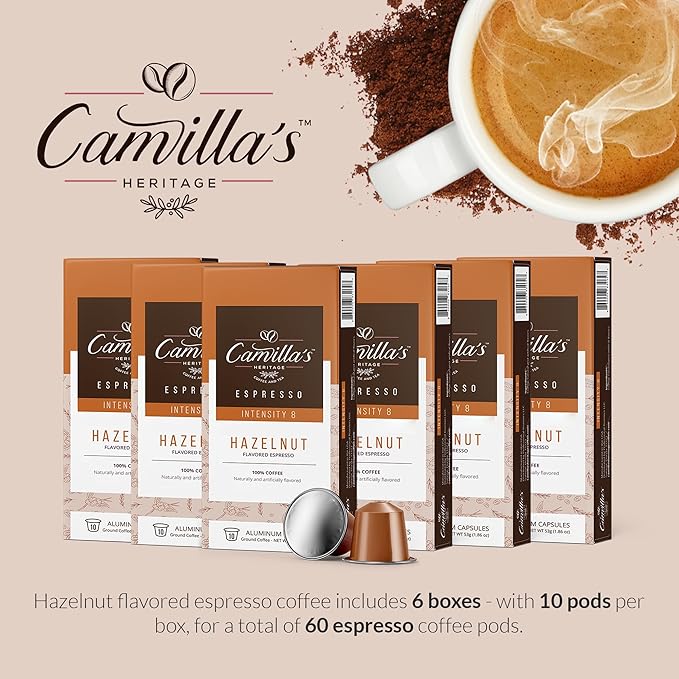 Camilla’s Heritage - Intensity 8 Hazelnut Flavored Espresso Coffee, Gourmet Espresso Cups, 60 Coffee Pods