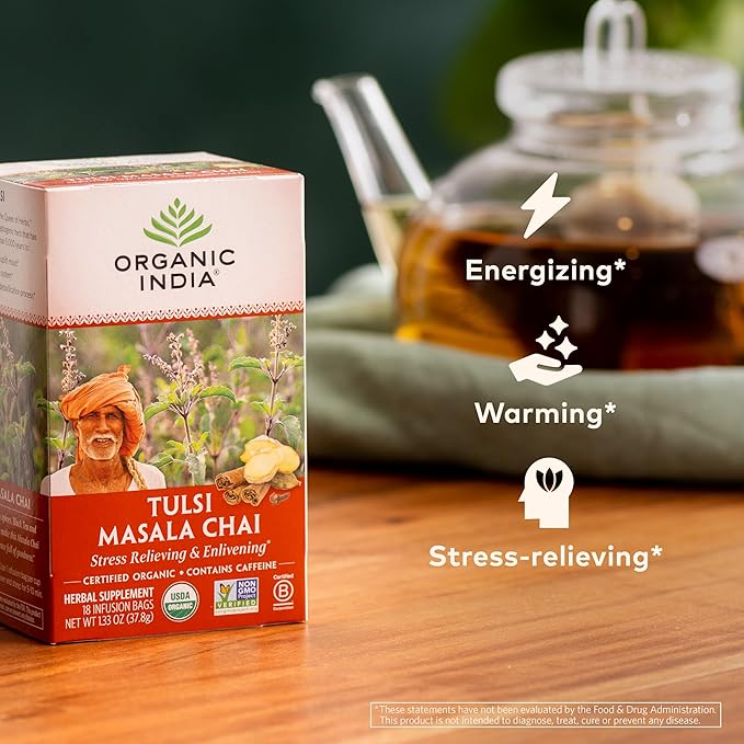 ORGANIC INDIA Tulsi Masala Chai Tea Bags - Holy Basil, Black Tea, Spices with Ginger, Stress Relieving, Immune Support, USDA Certified Organic, Antioxidant, Caffeinated - 18 Infusion Bags, 3 Pack