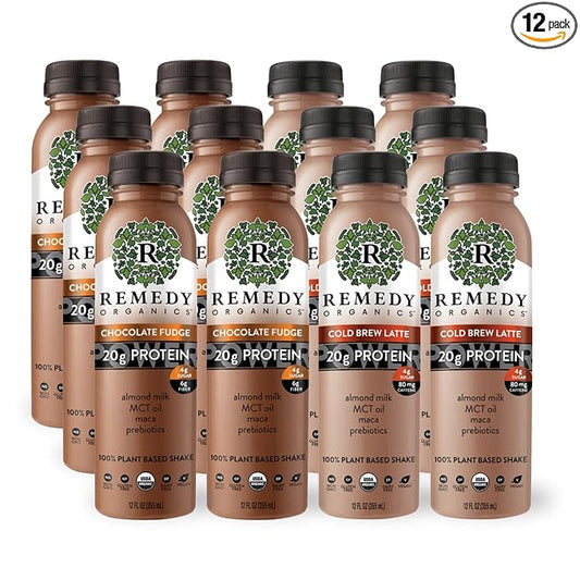 Remedy Organics Duo Decadence Power 12-Pack | Plant Based MCT Oil Protein Shakes, Ready to Drink | USDA Organic, Vegan, Gluten Free, Dairy Free, Soy Free | 6 Chocolate Fudge Bottles & 6 Cold Brew Latte Bottles