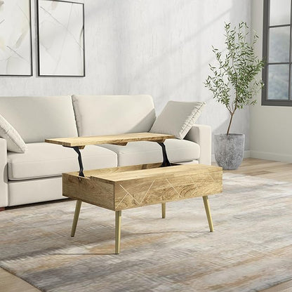 SIMPLIHOME Jager Lift Top Coffee Table - 36 inch Wide Solid Mango Wood Contemporary Modern Cocktail Table in Natural, Stylish Living Room Table with Hidden Storage, Brass Inlay, and Gold Metal Legs