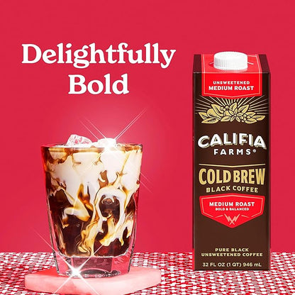 Califia Farms - Pure Black Medium Roast Cold Brew Coffee, 32 Oz (Pack of 6), 100% Arabica, Shelf Stable, Plant Based, Vegan, Gluten Free, Non GMO, Sugar Free, Iced Coffee