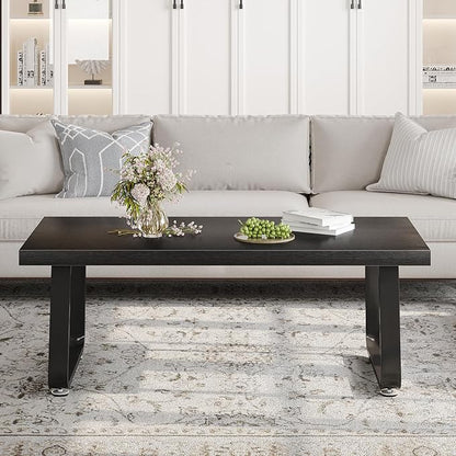 HSH Black Coffee Table, Industrial Wood and Metal Legs Center Table, Modern Minimalist Rectangle Cocktail Table for Living Room, Farmhouse Wooden Tea Table for Bedroom Home Office, Black Oak, 47 Inch