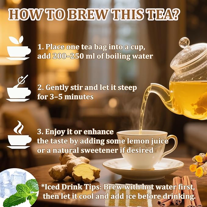 60 Bags Premium Turmeric Ginger Cinnamon Tea, 100% Natural Ingredients Blend, Pure Turmeric Ginger Herbal Tea for Wellness, No Additives, No Sugar, No Caffeine, Vegan (60 Bags)