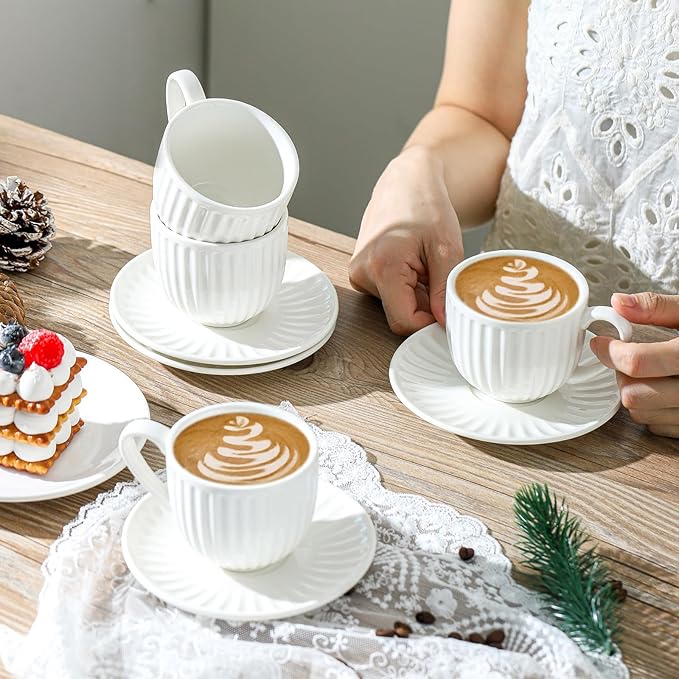 Ceramic Espresso Cups with Saucers 5 Oz,Set of 4 Porcelain Demitasse Cups Set,Small Coffee Cups with Handle for Coffee,Tea,Latte and Macchiato,Cappuccino Mugs for Kitchen and Cafe,White